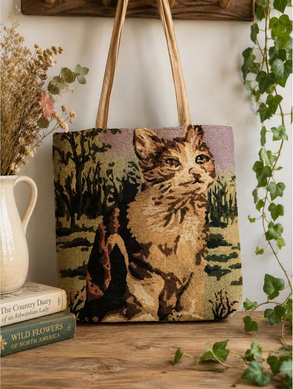 Vintage Style Woven Cat Tapestry Tote Cottagecore Kitty Shoulder Braciano Bag